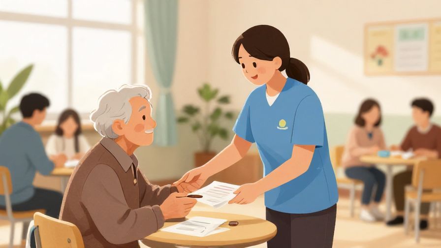 Illustration of a volunteer helping elderly people in a community center, warm and caring atmosphere