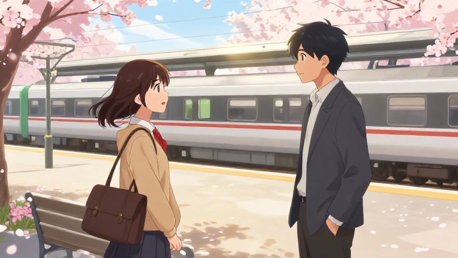 Illustration of a warm farewell scene between two friends outside a train station with sunlight and cherry blossoms