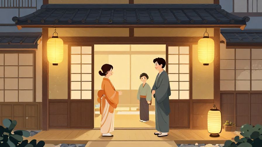Illustration of a warm welcome scene at the entrance of a traditional Japanese home, with smiling hosts and soft lantern light, illustrated style