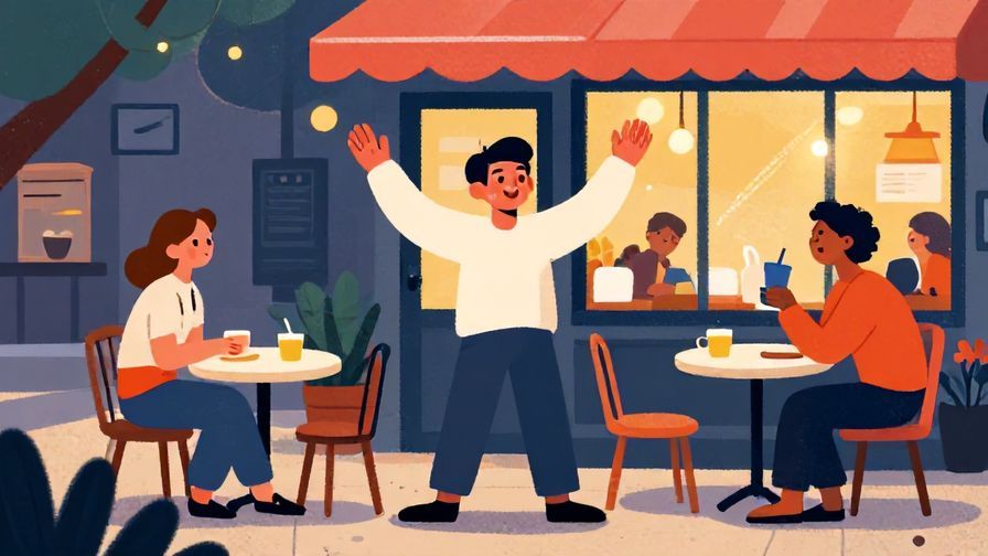 Illustration of a waving character parting happily with a friend outside a cafe, evening setting, vibrant colors, illustrated style