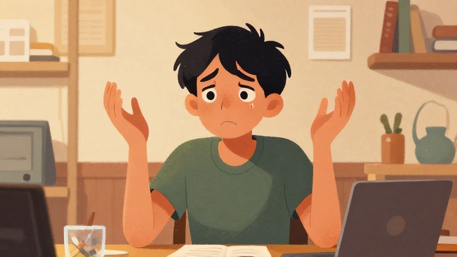 Illustration of a weary person throwing their hands up in exasperation, cluttered room background, warm colors, illustrated style