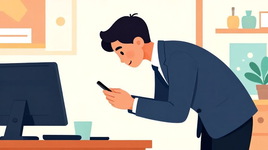 Illustration of a well-dressed person politely bowing while holding a smartphone, office backdrop, vibrant colors, illustrated style