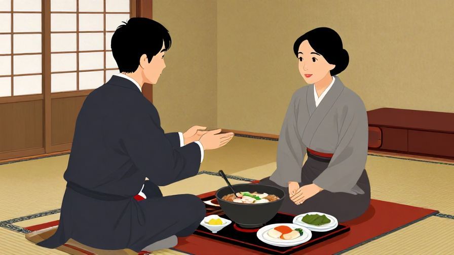 Illustration of a well-dressed person politely complimenting a meal in a traditional Japanese setting, tatami room