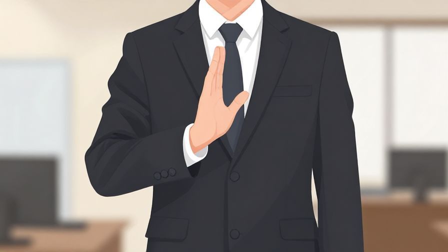 Illustration of a well-dressed person politely raising a hand, office background with soft lighting