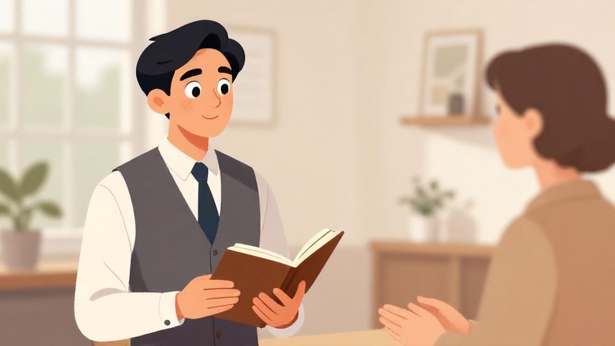 Illustration of a well-dressed person with a curious expression, holding a notebook, polite conversation setting