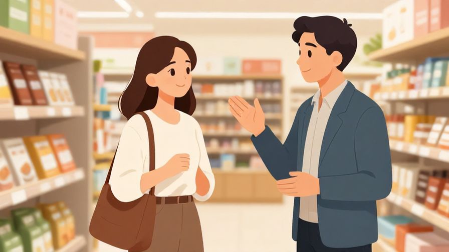 Illustration of a well-mannered shopper politely asking, with a soft smile, inside a bright and clean store