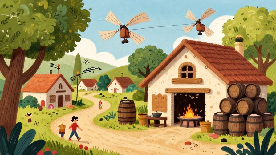 Illustration of a whimsical village scene with wind blowing through trees and barrels stacked outside a coopers’ workshop, conveying cause and effect, colorful and lively, illustrated style