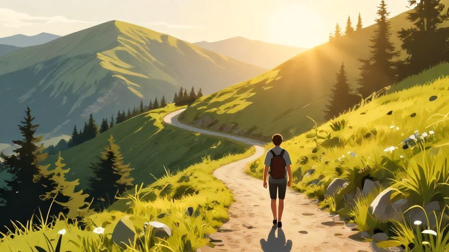 Illustration of a winding mountain path bathed in golden sunlight, with a figure walking calmly forward, nature vivid and bright