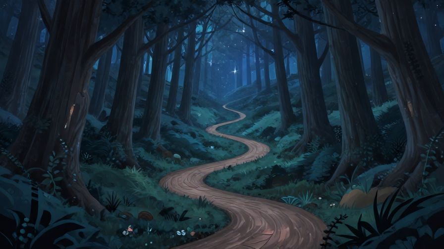 Illustration of a winding path through a mystical forest under starry skies, symbolizing fate and karma intertwined, cool and magical colors