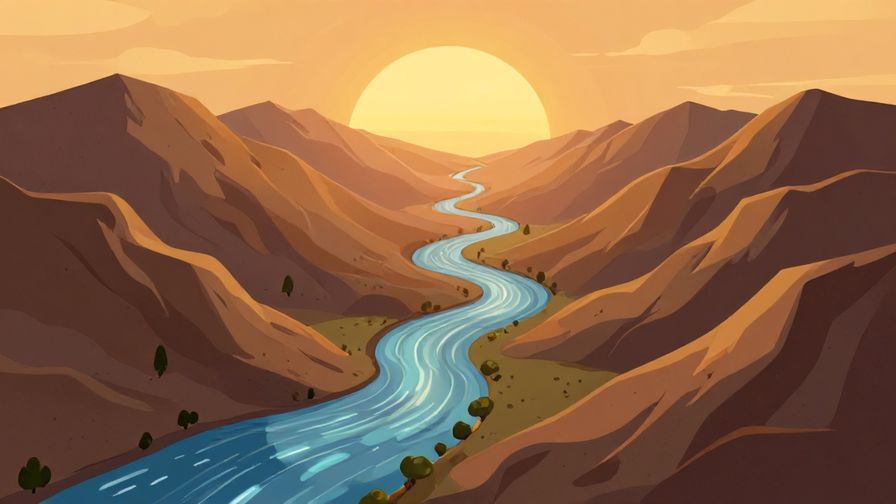 Illustration of a winding river flowing through mountains under a sunset, symbolizing destiny and karma intertwined, warm golden hues