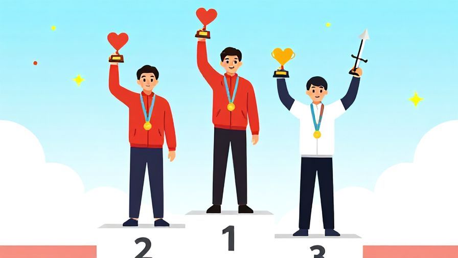 Illustration of a winner’s podium with hearts and swords as trophies, bright and celebratory atmosphere