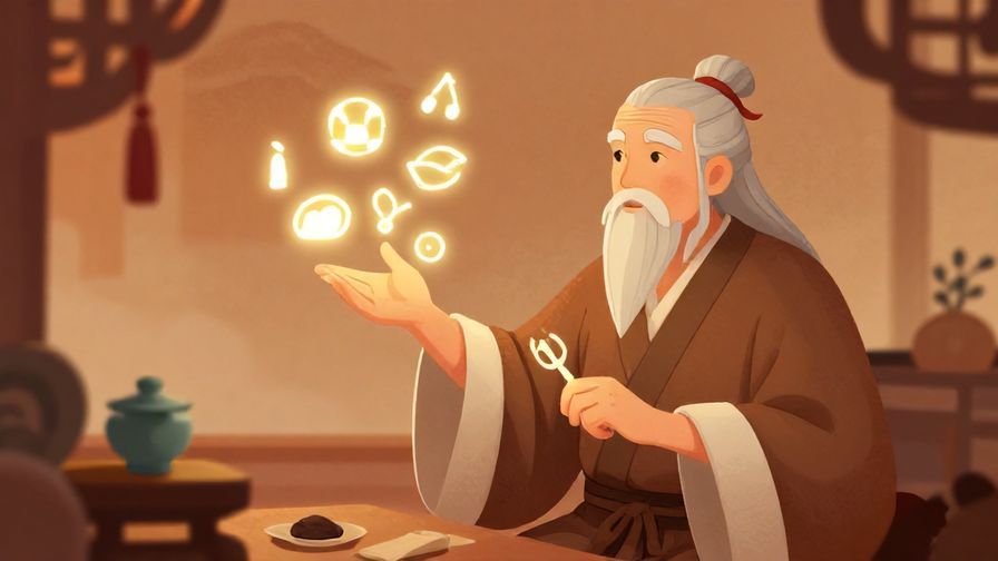 Illustration of a wise elder explaining a concept with glowing symbols around, traditional setting with warm tones