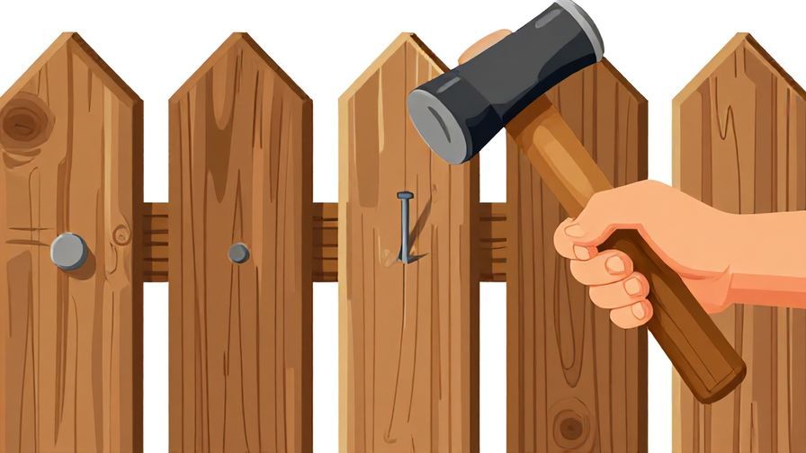 Illustration of a wooden fence with one nail sticking out being hammered by a hand, warm colors, traditional style