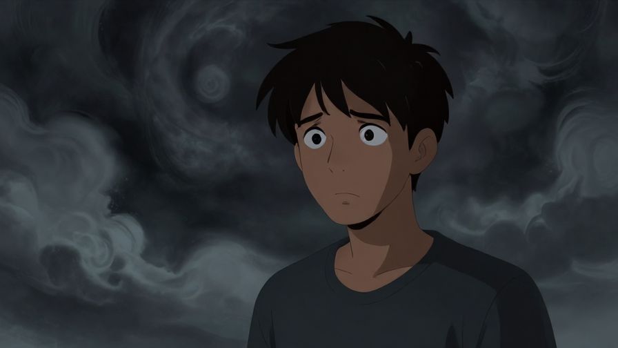 Illustration of a worried character glancing nervously over their shoulder, with swirling dark clouds and a tense atmosphere