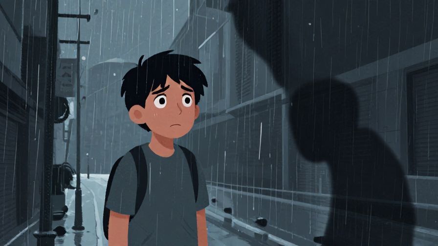 Illustration of a worried character looking at a looming shadow, urban street background with rainy weather