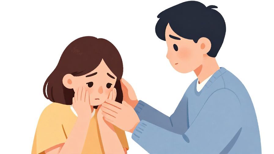 Illustration of a worried person gently checking on another who looks tired or sick, soft pastel colors