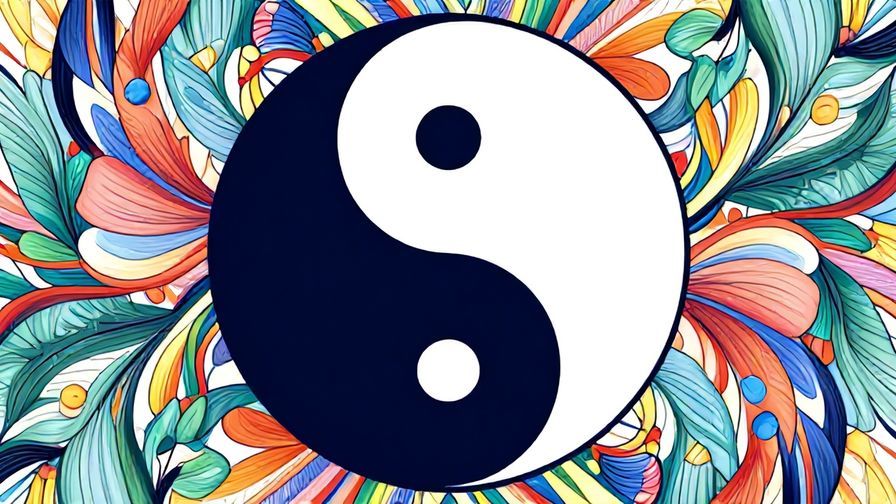 Illustration of a yin-yang symbol with contrasting dark and light sides, showing balance of good and bad, detailed background, vibrant colors, illustrated style