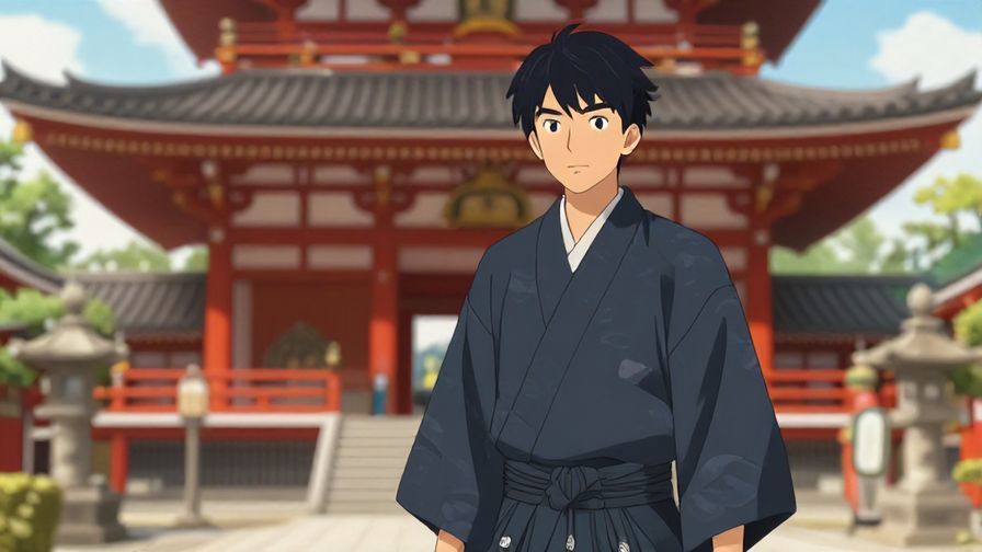 Illustration of a young adult in traditional Japanese clothing standing with confidence in front of a temple, calm and respectful atmosphere