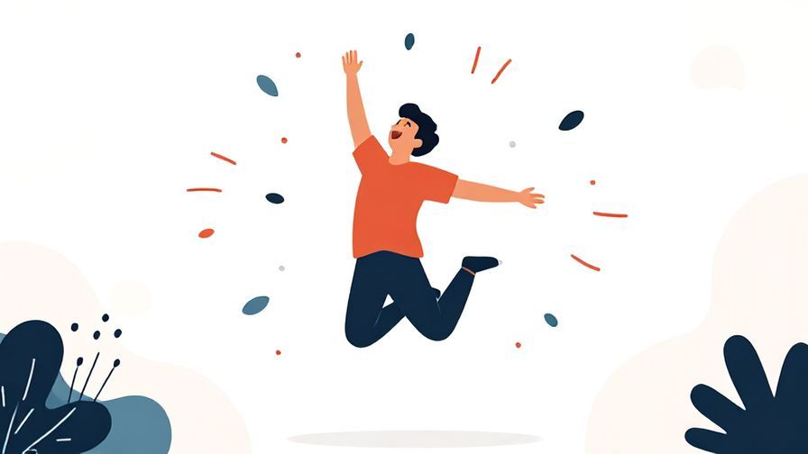 Illustration of a young adult jumping in the air with joy, surrounded by floating leaves and abstract shapes
