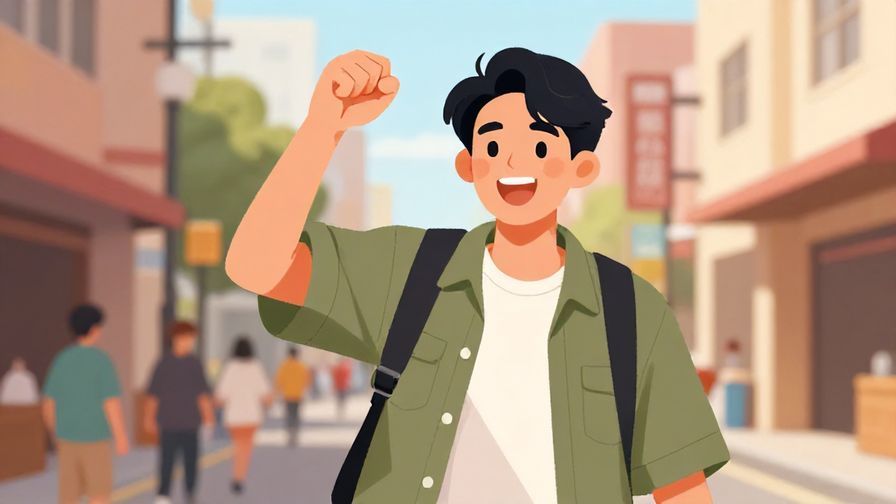 Illustration of a young, confident person pumping their fist enthusiastically, lively street background with casual vibe