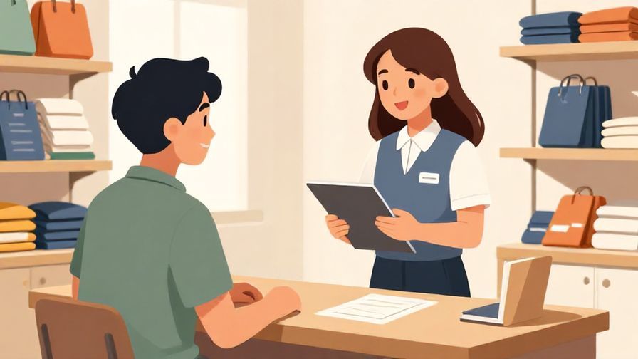 Illustration of a young customer casually chatting with a store clerk about size differences, bright and friendly setting