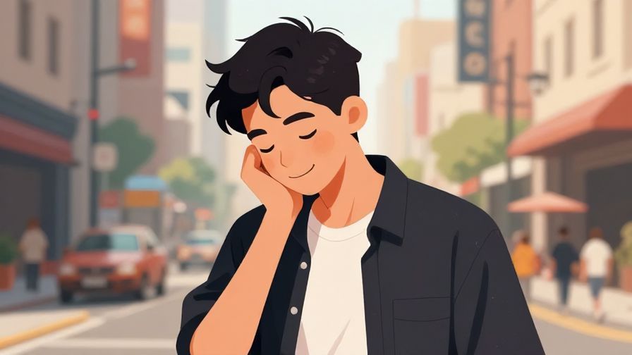 Illustration of a young man casually nodding with a knowing smile, urban street background