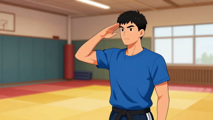 Illustration of a young man giving a casual salute in a gym or dojo setting, sporty vibe, energetic colors