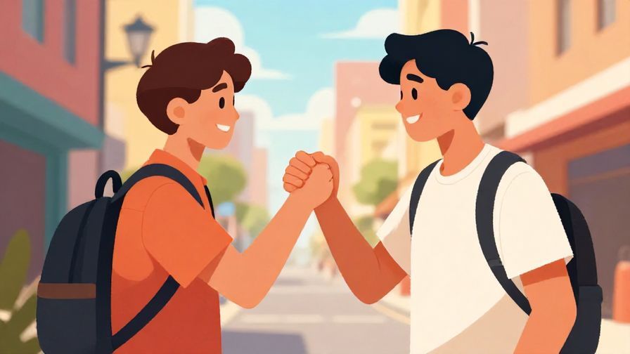 Illustration of a young man greeting a friend with a fist bump outdoors in afternoon light, vibrant urban setting
