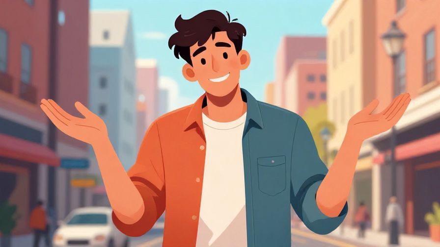 Illustration of a young man shrugging with a confident grin in a modern city street, casual outfit, vibrant colors