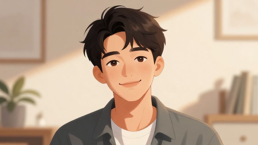 Illustration of a young man smiling gently, casual setting with soft lighting