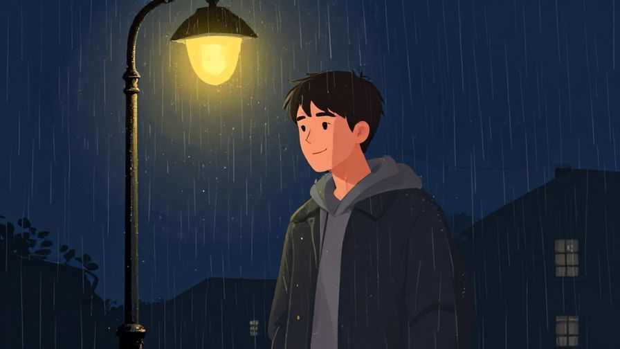 Illustration of a young man smiling shyly, standing under a streetlamp at night with gentle rain