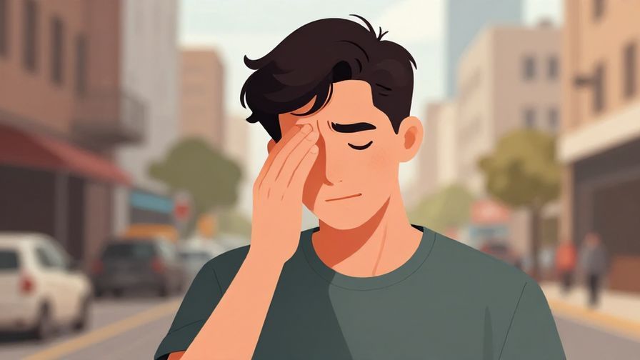Illustration of a young man with a casual pose, slightly smirking but eyes showing pain, urban background