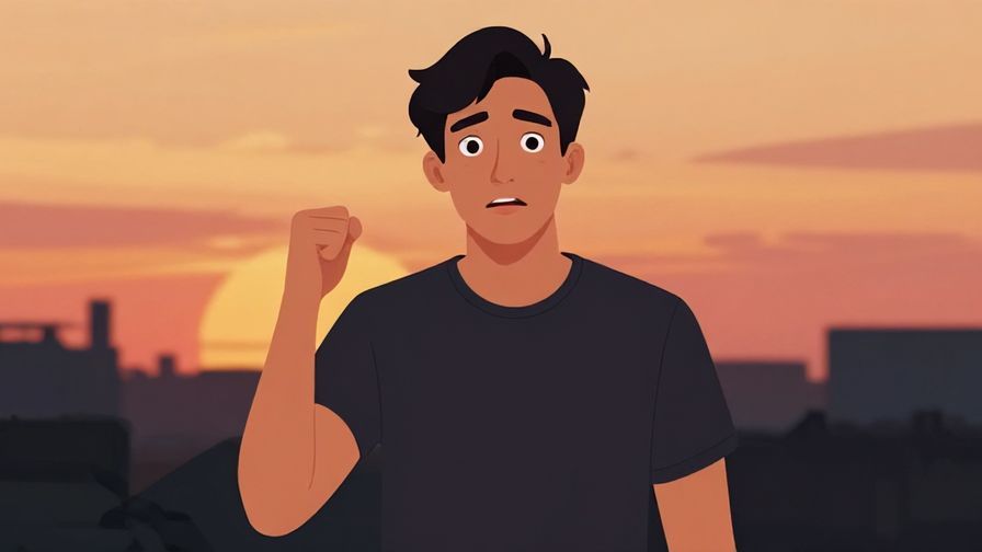 Illustration of a young man with a confident, shocked expression, fist slightly raised, standing outdoors at sunset