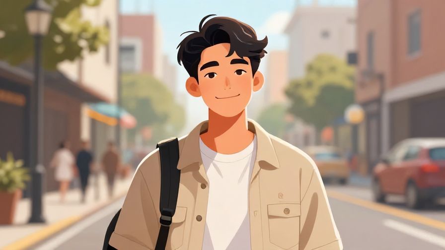 Illustration of a young man with a confident smirk, urban street background