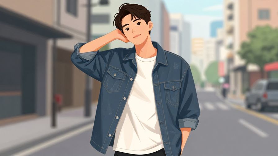 Illustration of a young man with a relaxed, confident pose, casual streetwear, urban background