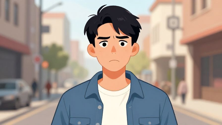 Illustration of a young man with an annoyed or emphatic expression, casual street background