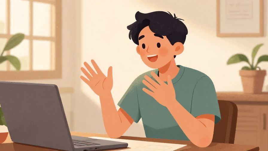 Illustration of a young person animatedly telling a story with hand gestures, cozy room