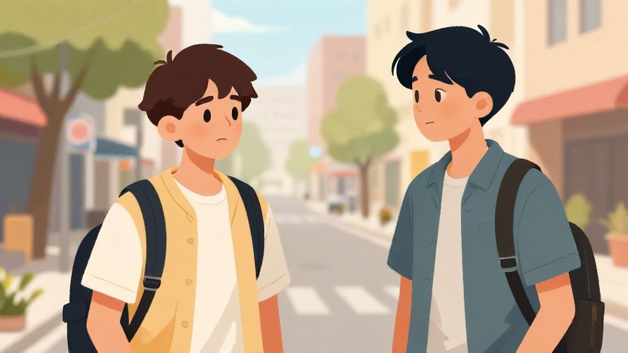 Illustration of a young person casually asking a friend with a curious expression, urban street scene