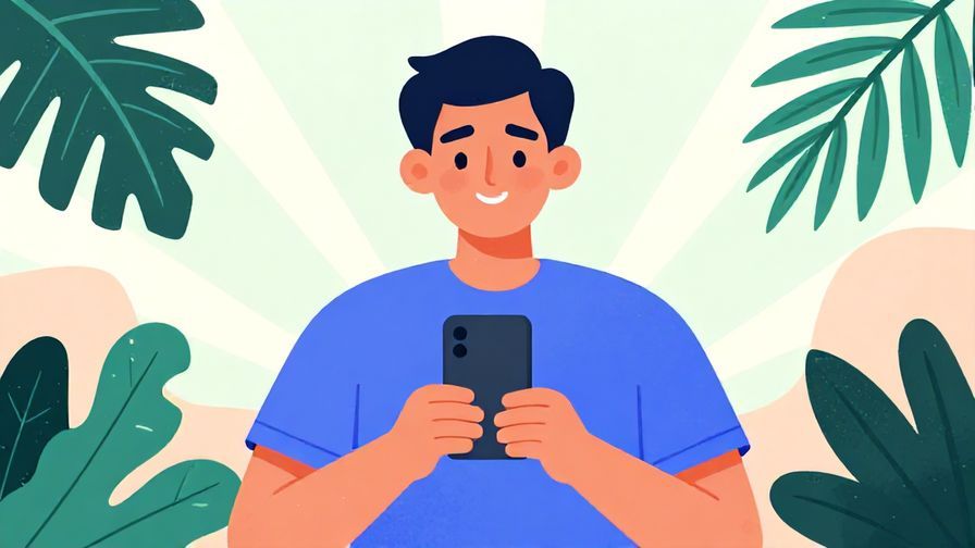Illustration of a young person casually holding a phone, with a friendly smile, surrounded by palm leaves and light rays, vibrant colors