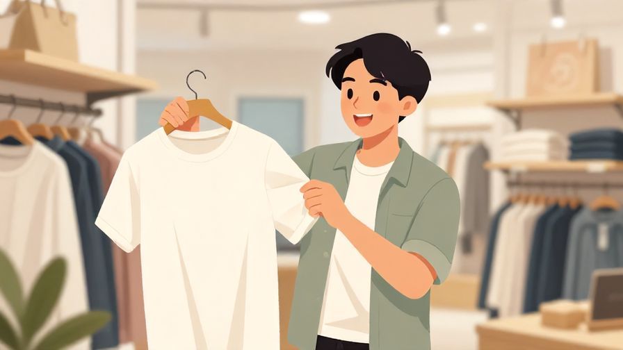 Illustration of a young person casually holding up a shirt, smiling and speaking informally in a bright shop