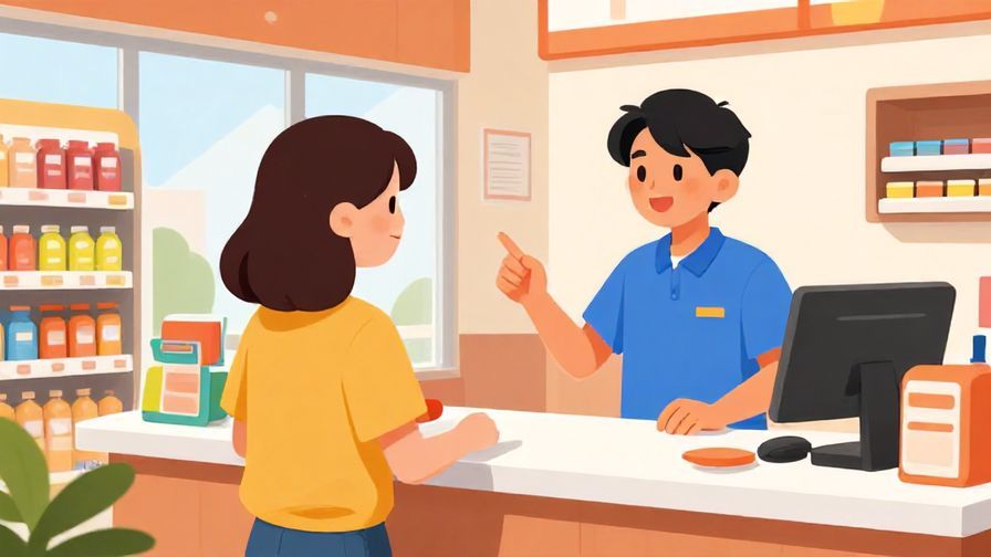 Illustration of a young person chatting casually with a cashier, relaxed convenience store environment, bright colors