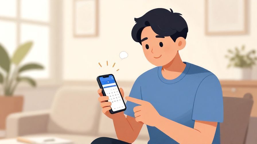 Illustration of a young person checking their calendar app on a phone with a hopeful smile, bright room, illustrated style