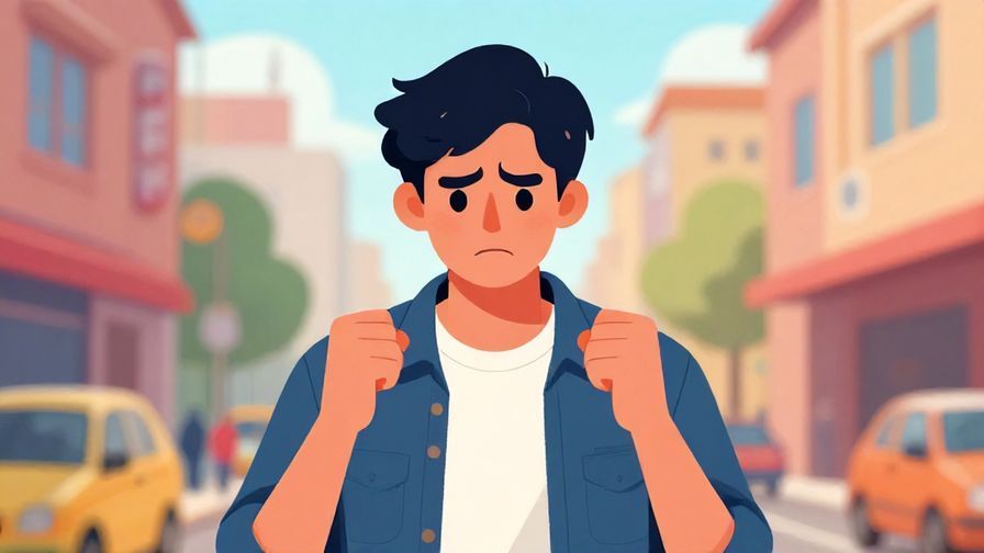 Illustration of a young person clenching their fists with a frustrated expression, standing in a bright urban street background, vibrant colors, illustrated style