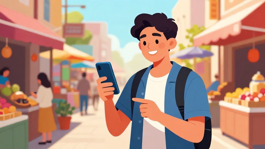 Illustration of a young person confidently deciding on payment method while smiling, vibrant street market background