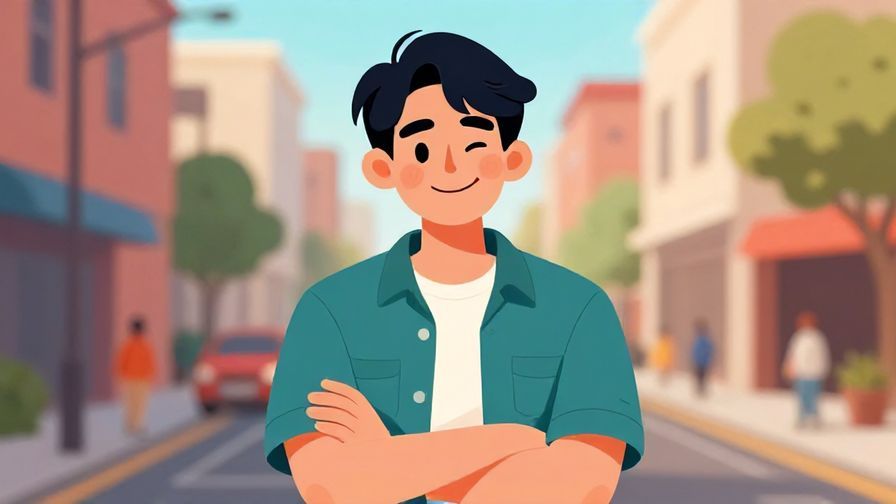 Illustration of a young person crossing their arms with a cheeky grin, casual urban background, vibrant colors, illustrated style