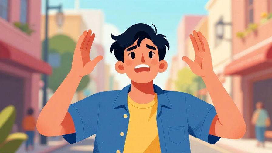 Illustration of a young person dramatically throwing their hands up in frustration, street background, lively colors, illustrated style