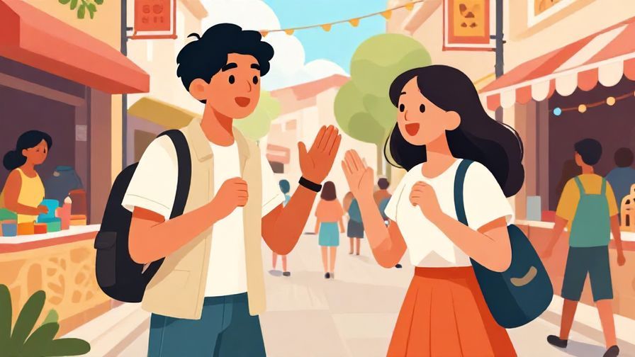 Illustration of a young person excitedly complimenting another’s outfit in a bustling street, colorful and energetic
