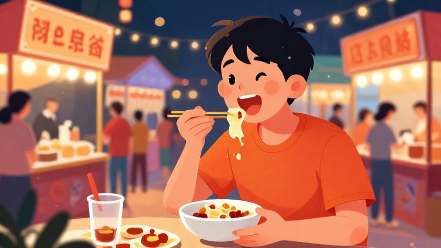Illustration of a young person excitedly eating street food at a festival, vibrant nighttime colors, joyful expression