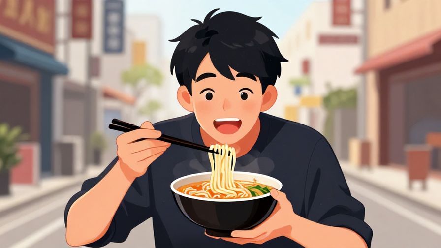 Illustration of a young person excitedly enjoying a bowl of ramen, urban street background, energetic vibe