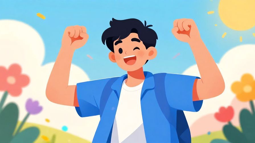 Illustration of a young person excitedly raising their fists in joy with a bright sunny background, lively and colorful